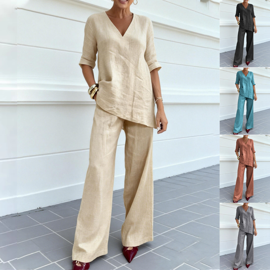 ❤️50% zniżki 💥【40-100kg】2026 Bawełniano-lniany top w jednolitym kolorze z krótkimi rękawami, dekoltem w serek + proste spodnie casualowe ✅️Płatność przy odbiorze