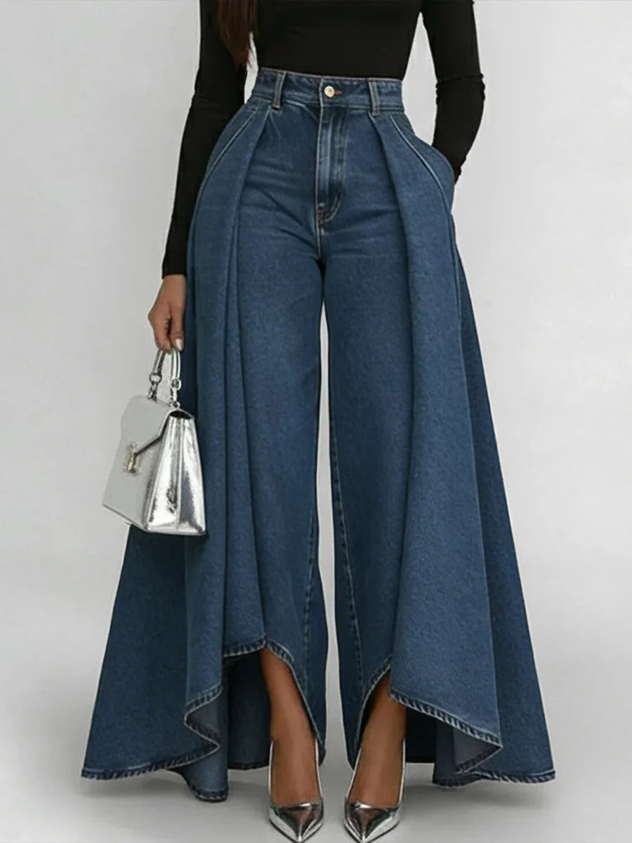 🥇Dżinsy damskie z wysokim stanem i szerokimi nogawkami, luźny krój, o eleganckim wzornictwie.