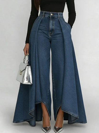 🥇Dżinsy damskie z wysokim stanem i szerokimi nogawkami, luźny krój, o eleganckim wzornictwie.