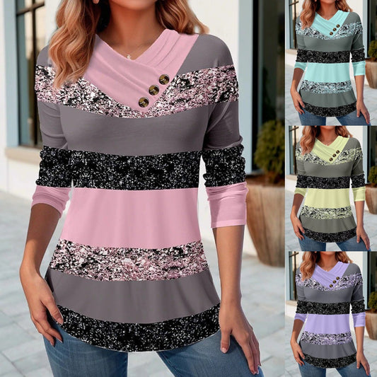 👚 50% zniżki 🔥【S-5XL】Nowy wiosenny damski top w blokach kolorów, dekolt w serek, długi rękaw✅️Płatność gotówką przy odbiorze