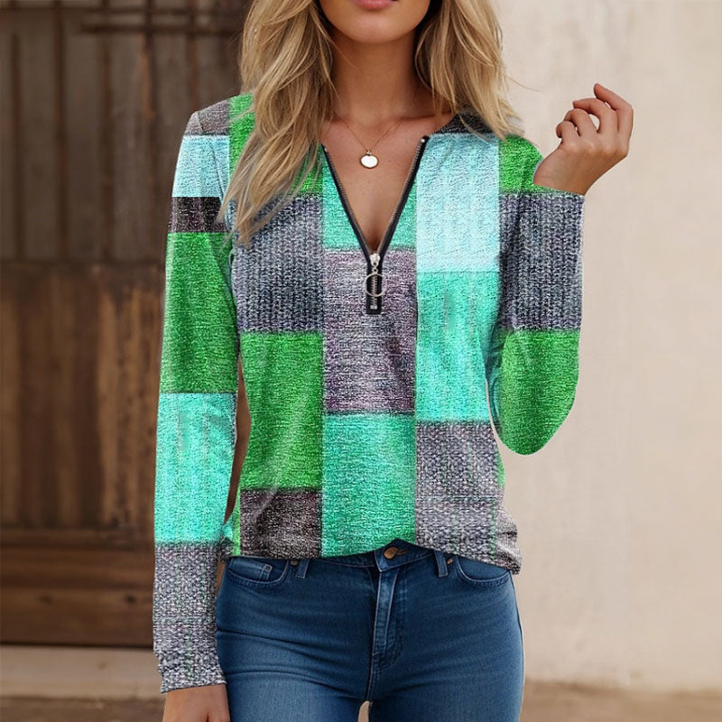 【S-5XL】Nowa modna, luźna, luźna koszulka z nadrukiem, dekoltem w serek, długim rękawem i blokami kolorów