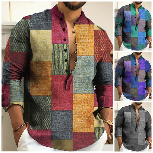 【S-3XL】2026 Nowa męska koszula z bawełny i lnu w geometryczny wzór z blokami kolorów