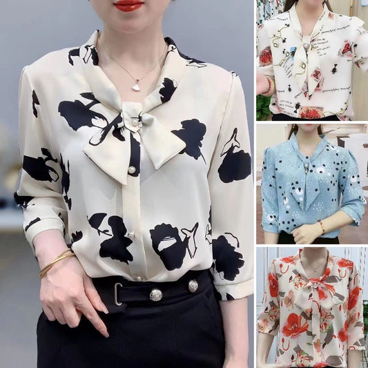 Stylowa i elegancka damska koszula z krótkim rękawem i kołnierzykiem kokardkowym