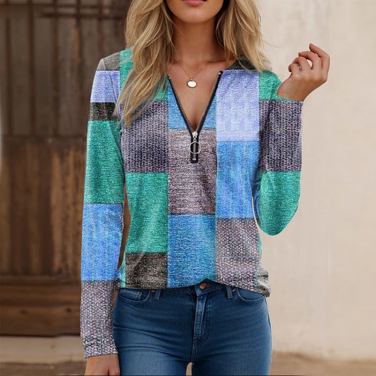 【S-5XL】Nowa modna, luźna, luźna koszulka z nadrukiem, dekoltem w serek, długim rękawem i blokami kolorów