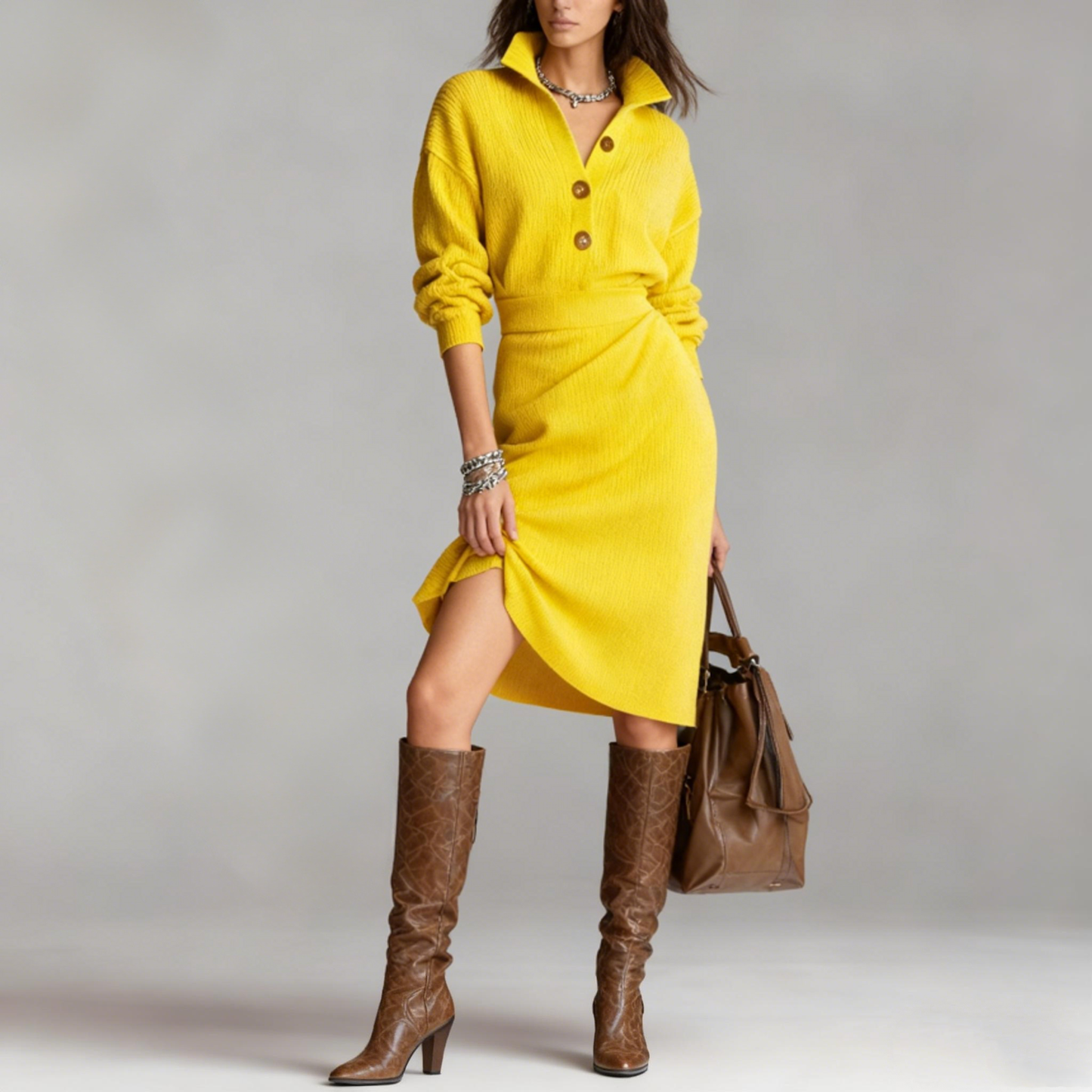 🔥【S-3XL】2025 Nowa europejska i amerykańska sukienka dzianinowa z kołnierzykiem w nowym stylu