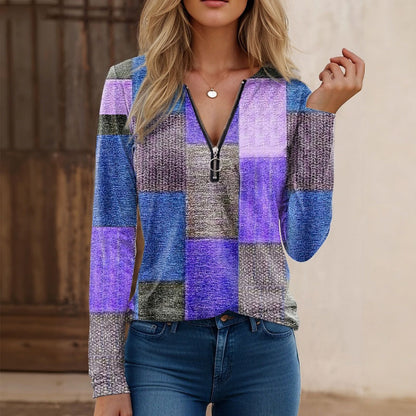 【S-5XL】Nowa modna, luźna, luźna koszulka z nadrukiem, dekoltem w serek, długim rękawem i blokami kolorów