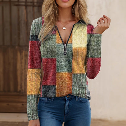 【S-5XL】Nowa modna, luźna, luźna koszulka z nadrukiem, dekoltem w serek, długim rękawem i blokami kolorów