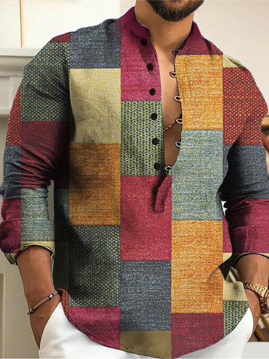 【S-3XL】2026 Nowa męska koszula z bawełny i lnu w geometryczny wzór z blokami kolorów