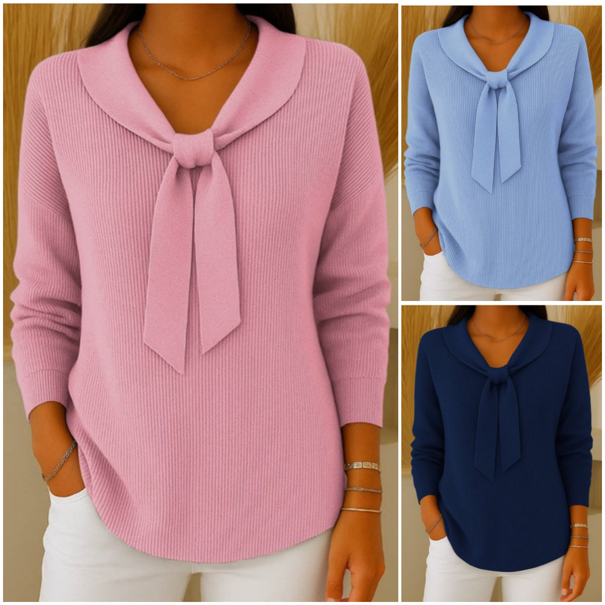 💕【S~5XL】👚Sweter damski w jednolitym kolorze z wiązaniem i długim rękawem, swobodny i luźny