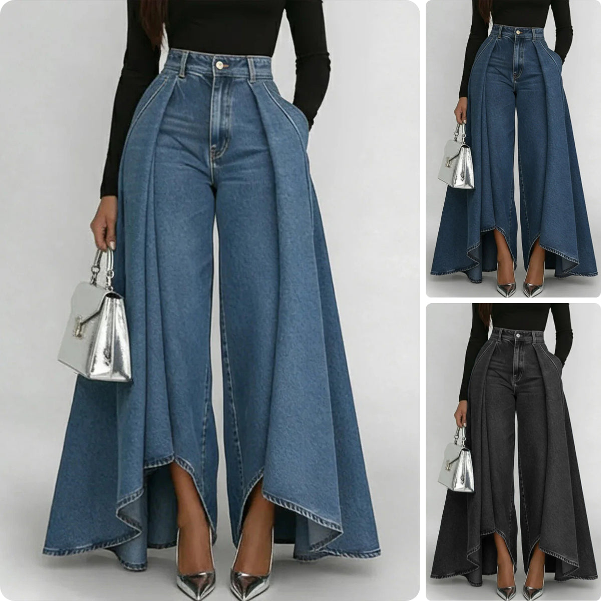 🥇Dżinsy damskie z wysokim stanem i szerokimi nogawkami, luźny krój, o eleganckim wzornictwie.