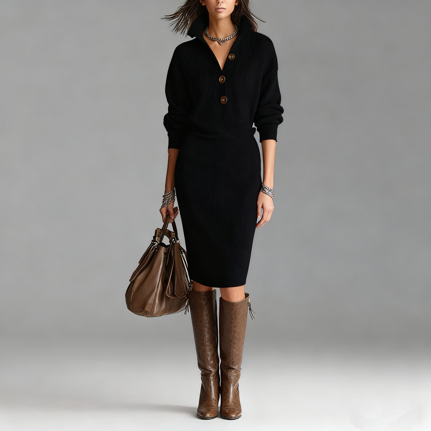 🔥【S-3XL】2025 Nowa europejska i amerykańska sukienka dzianinowa z kołnierzykiem w nowym stylu