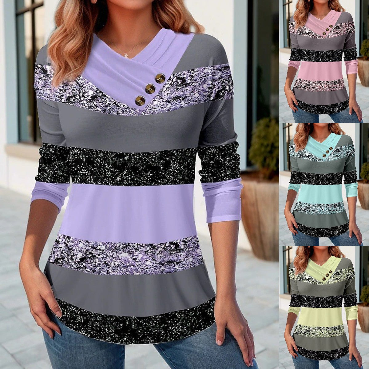 👚 50% zniżki 🔥【S-5XL】Nowy wiosenny damski top w blokach kolorów, dekolt w serek, długi rękaw✅️Płatność gotówką przy odbiorze
