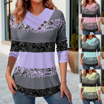 👚 50% zniżki 🔥【S-5XL】Nowy wiosenny damski top w blokach kolorów, dekolt w serek, długi rękaw✅️Płatność gotówką przy odbiorze