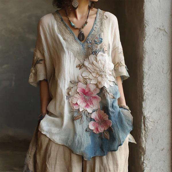 💕【S–4XL】 Elegancka bluzka z głębokim dekoltem w serek i kwiatowym wzorem