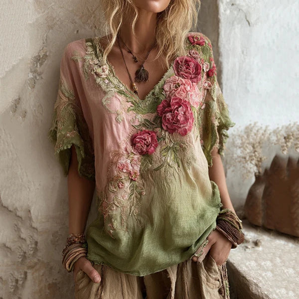 💕【S–4XL】 Elegancka bluzka z głębokim dekoltem w serek i kwiatowym wzorem