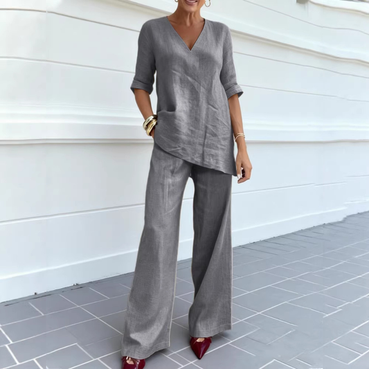 ❤️50% zniżki 💥【40-100kg】2026 Bawełniano-lniany top w jednolitym kolorze z krótkimi rękawami, dekoltem w serek + proste spodnie casualowe ✅️Płatność przy odbiorze