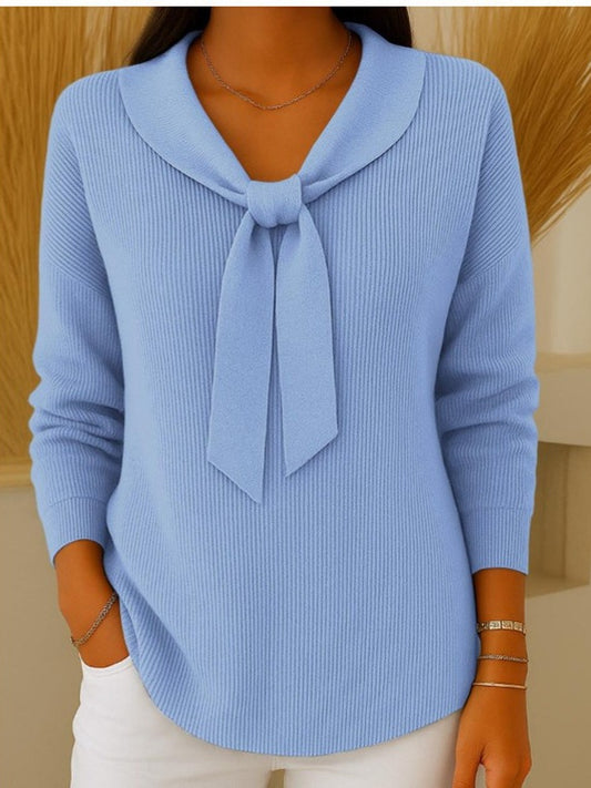 💕【S~5XL】👚Sweter damski w jednolitym kolorze z wiązaniem i długim rękawem, swobodny i luźny