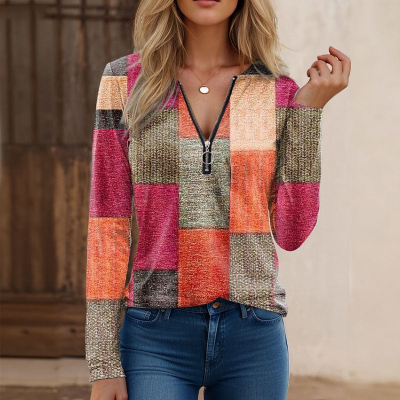 【S-5XL】Nowa modna, luźna, luźna koszulka z nadrukiem, dekoltem w serek, długim rękawem i blokami kolorów